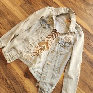 XS GB Jean Jacket Cutout Open Denim Accent Lightwash Punk Boho Ripped Distressed